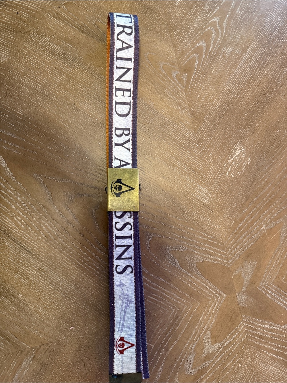 "Trained by Assassins" Brown and cream Fabric Belt with Brass Buckle
